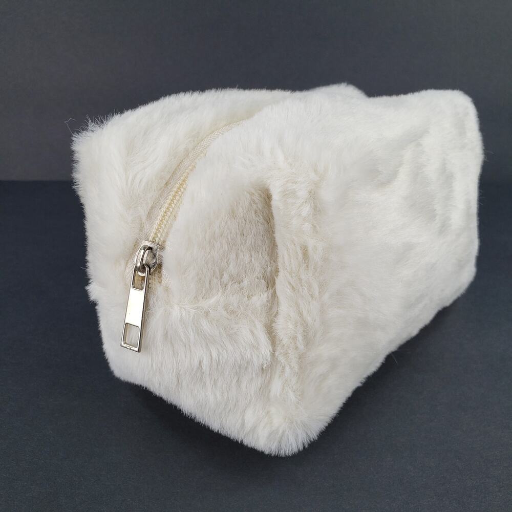 White Faux Fur Cosmetic Makeup Bag Pouch Furry Soft Sided with Zipper Closure